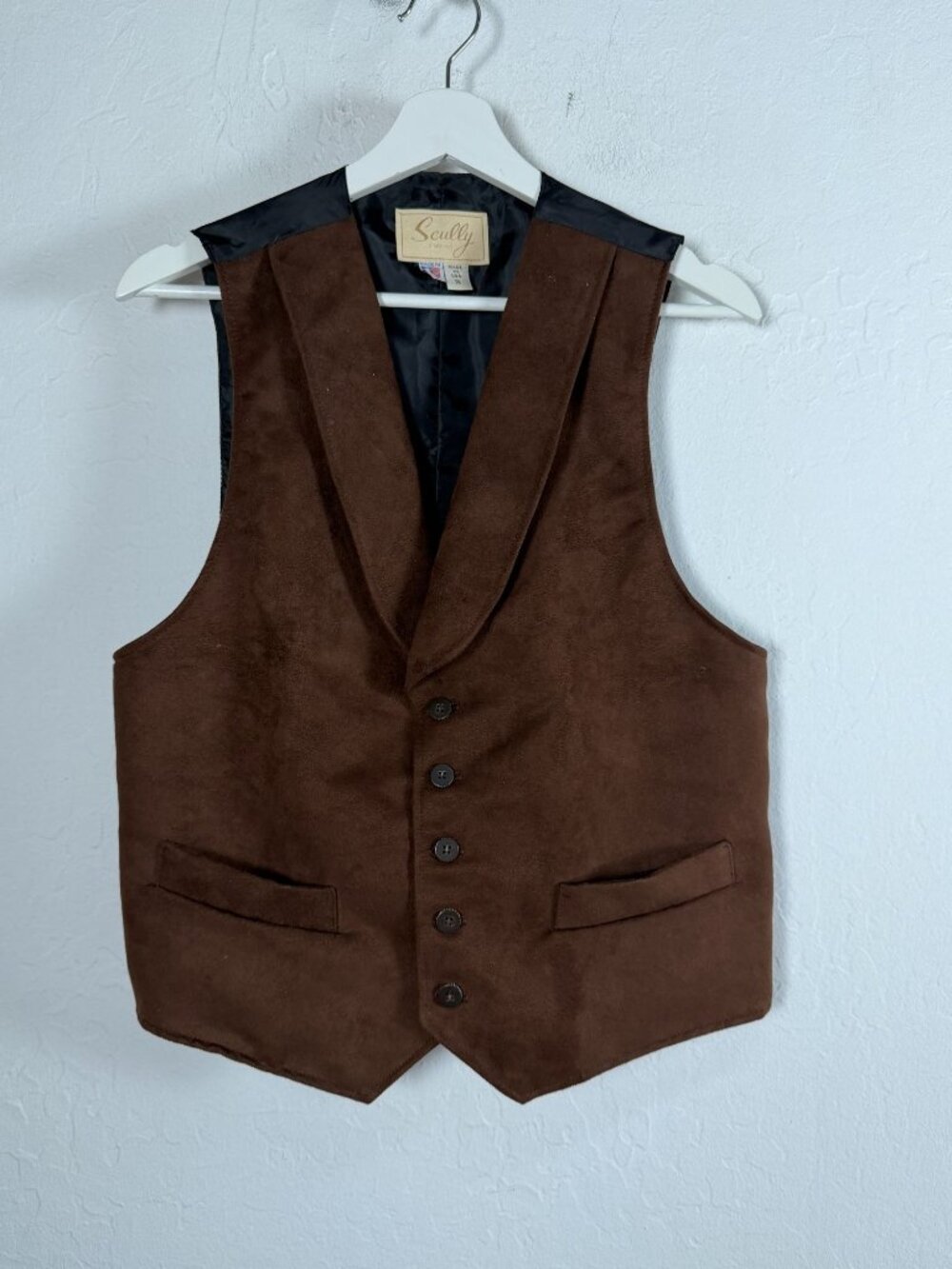 Scully Mens Brown Faux Suede Western Vest Shawl Collar Made in USA Small Lined